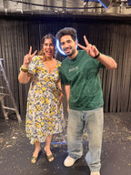 Kahmna's bestseller citrus bloom puff sleeve dress was seen on famous reality show india's got Latent. Image Showing her posing with famous comedian Samay Raina on set