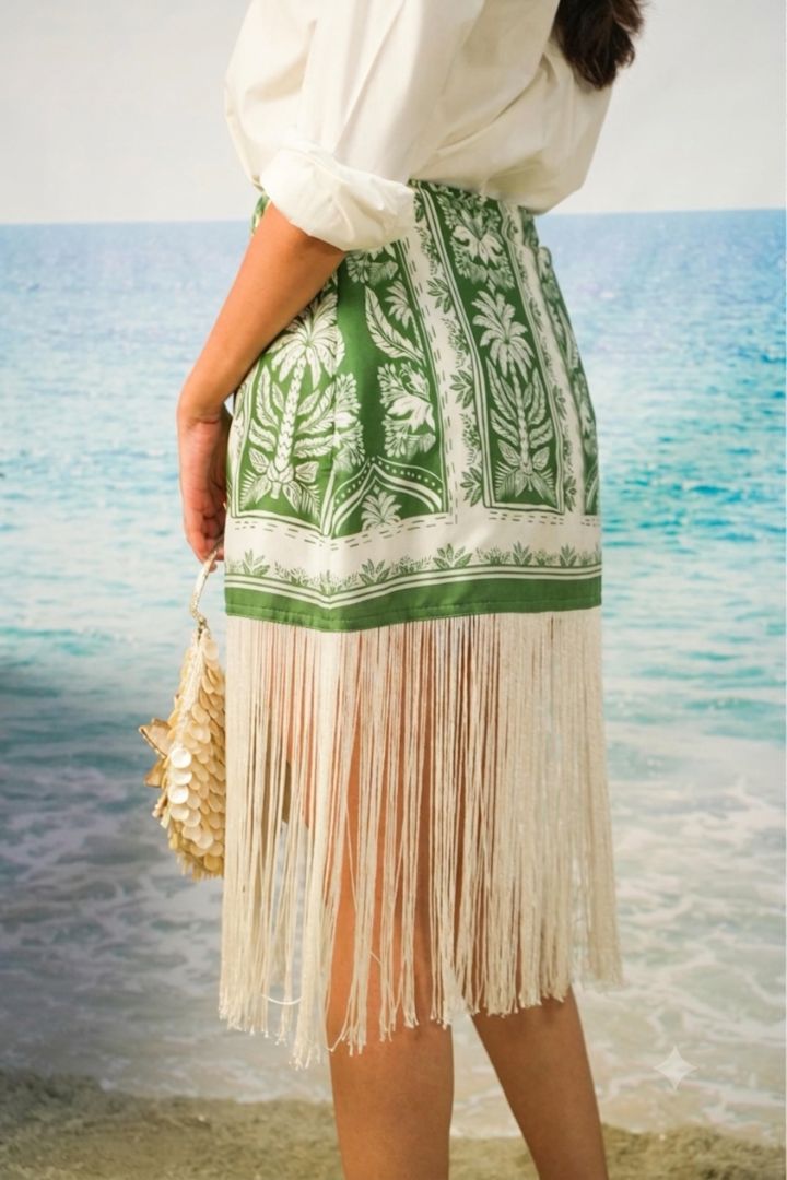 Naina Fringe Skirt | Green Botanical Resort Skirt with Fringe Hem