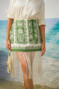 Naina Fringe Skirt | Green Botanical Resort Skirt with Fringe Hem