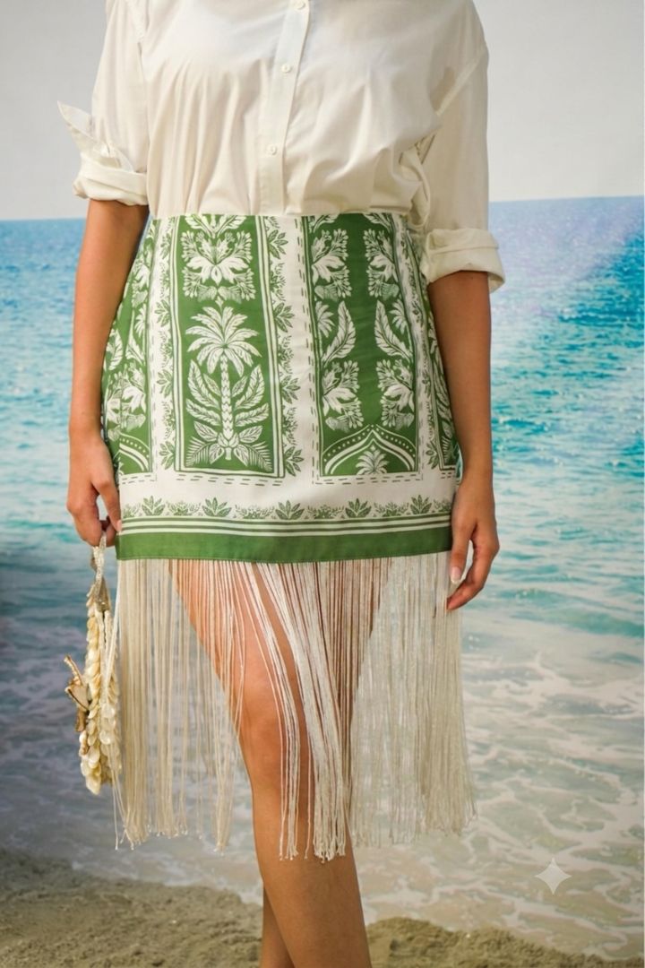 Naina Fringe Skirt | Green Botanical Resort Skirt with Fringe Hem