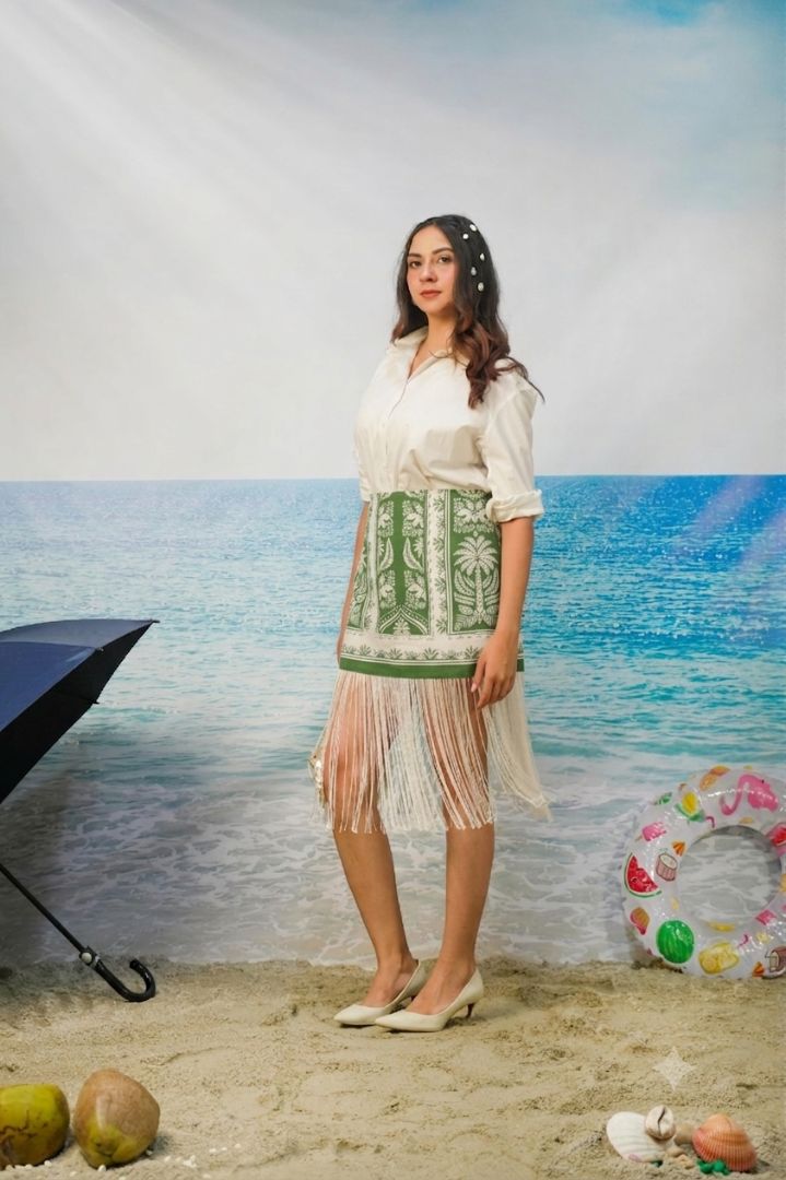 Naina Fringe Skirt | Green Botanical Resort Skirt with Fringe Hem