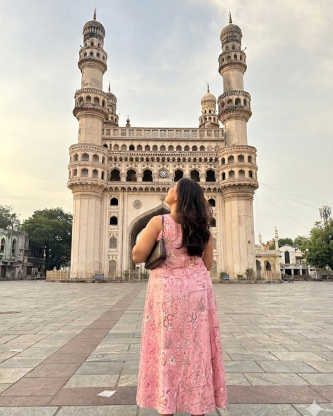 Woman in a desert rose dress from khamna  standing in front of a large, historic building Charminar in hyderabad with multiple minarets.