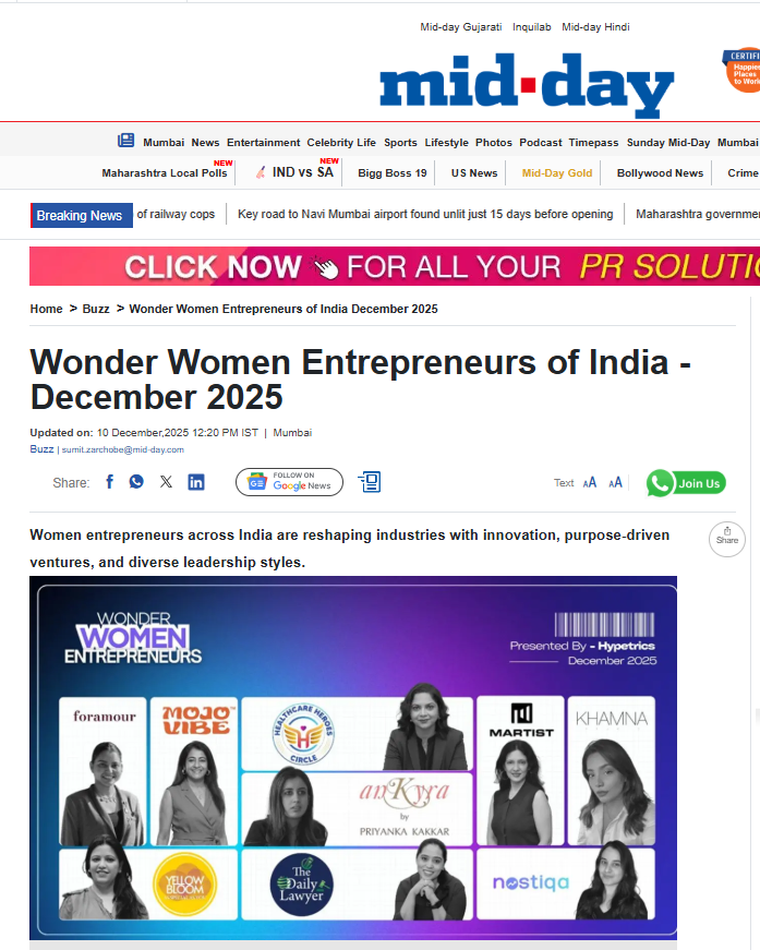 Screenshot of Mid-Day newspaper article featuring Ashna Khan, Founder of Khamna, recognized as a Wonder Woman Entrepreneur in December 2025 for her entrepreneurial journey and contribution to the fashion industry.