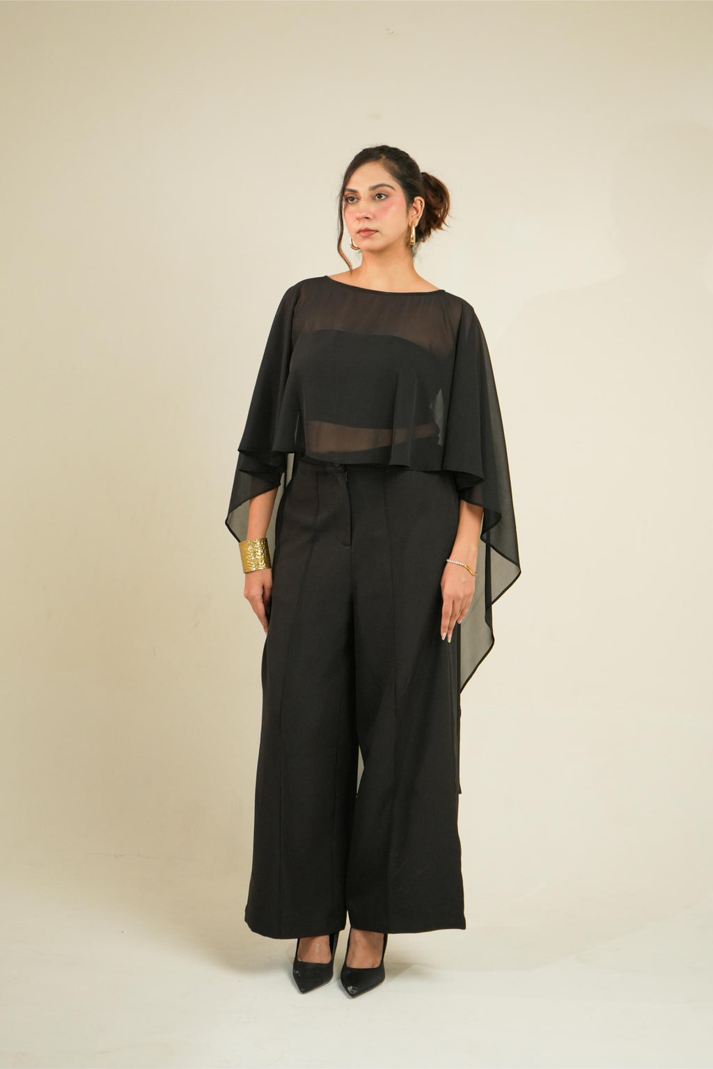 Vrinda Three-Piece Black Co-ord Set | Tube Top, Cape & Wide-Leg Pants still image