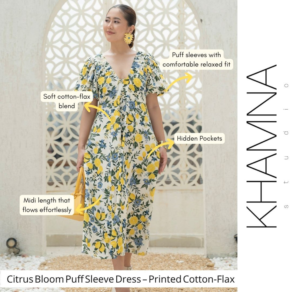 Citrus Bloom Puff Sleeve Dress – Printed Cotton Flax