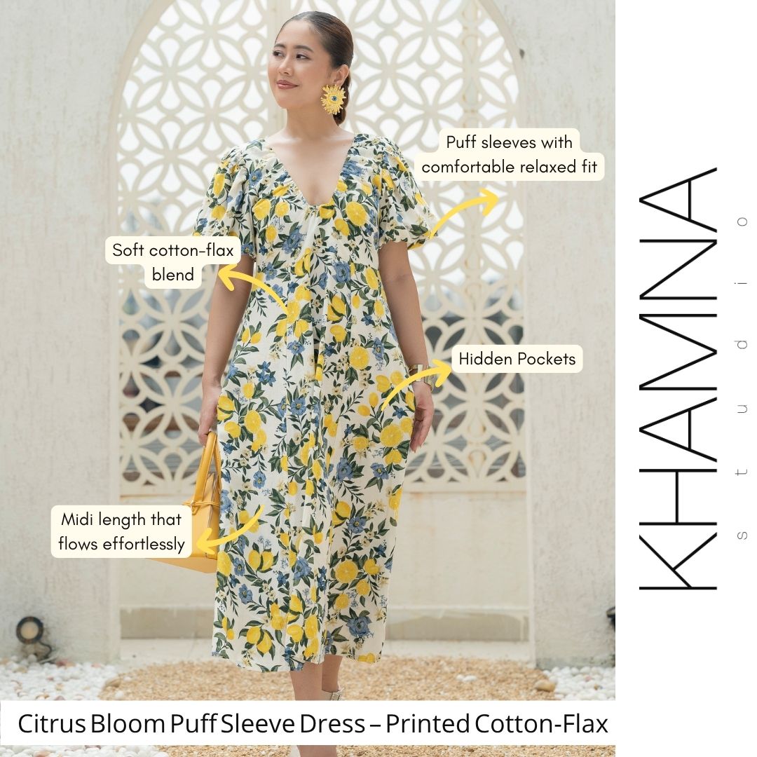 Citrus Bloom Puff Sleeve Dress – Printed Cotton Flax