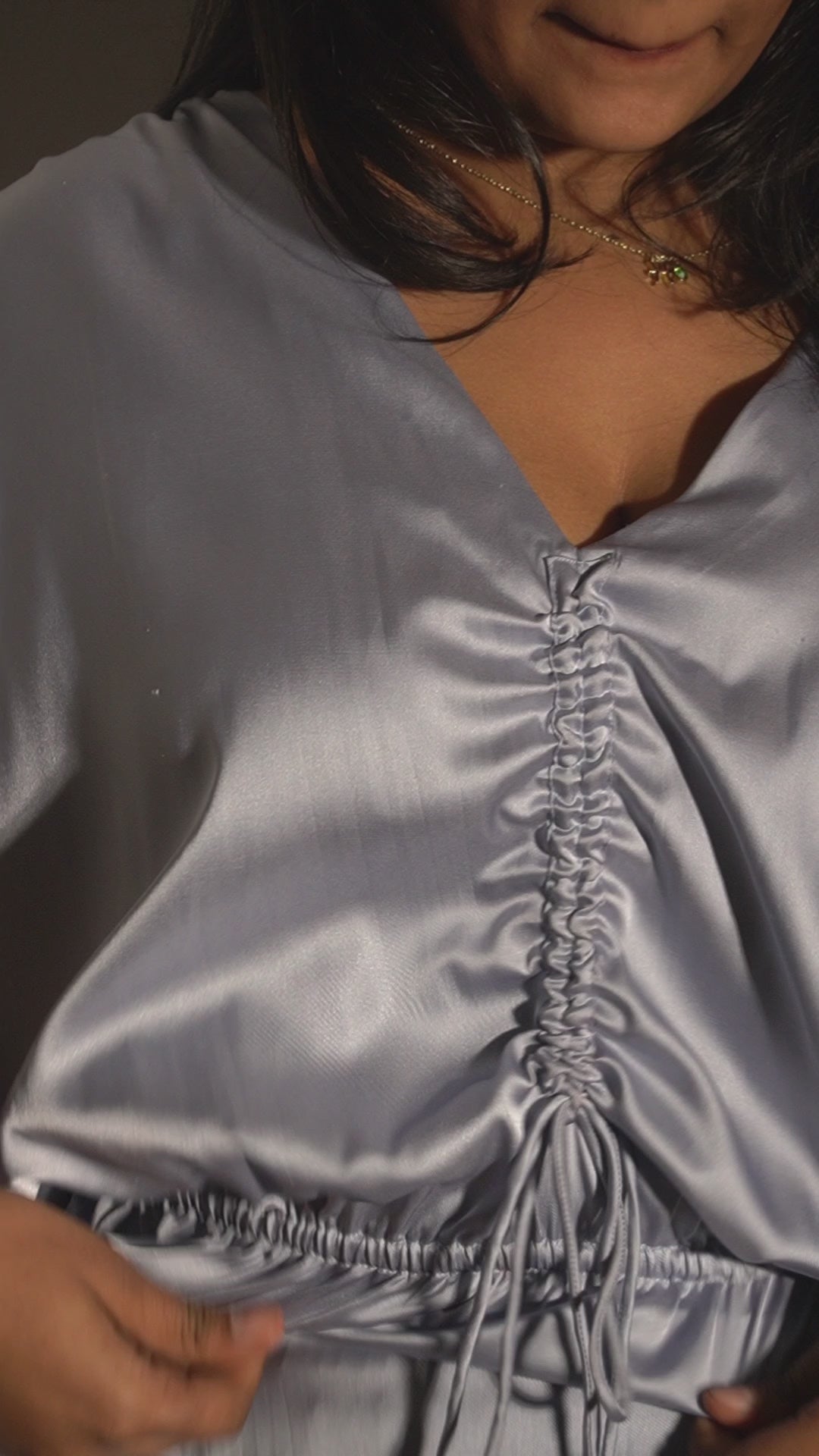 client submission of Azure Whisper Ruched Tie-Top – Satin Drawstring Peplum set