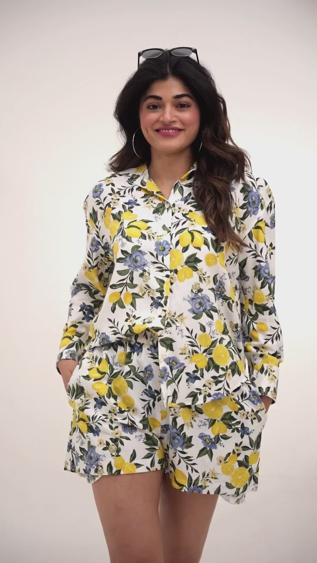 Citrus Bloom Oversized Shirt & Shorts Co-ord Set – Printed Cotton Flax Resort Wear - Khamna Studio. floral printed oversized shirt and shorts co-ord set for women
• Citrus Bloom resort wear cotton flax co-ord outfit
• summer vacation outfit floral shirt and shorts set
• lightweight cotton co-ord for beach brunch