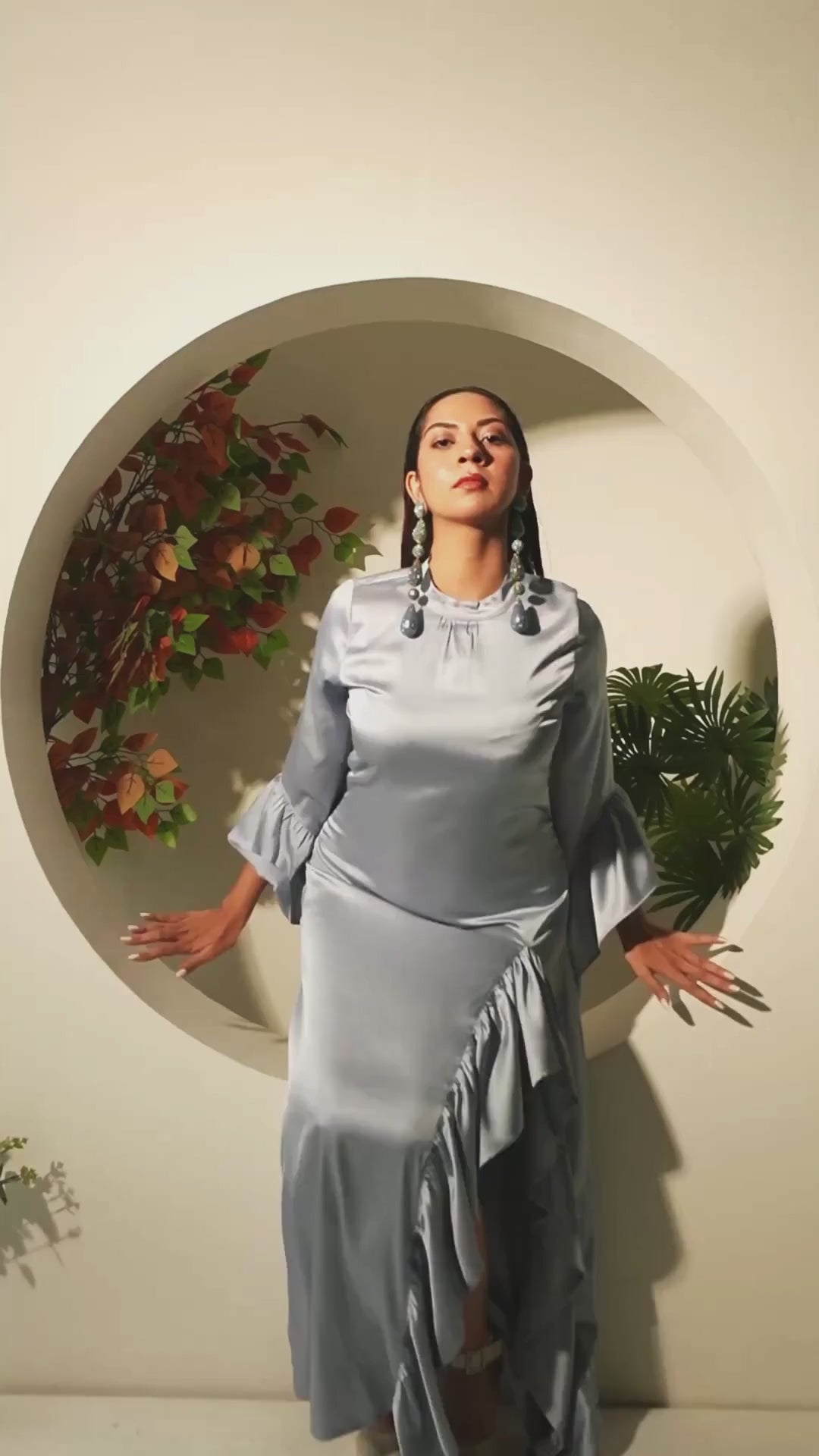 Azure Muse - Stretch Satin Ruffle Gown model video