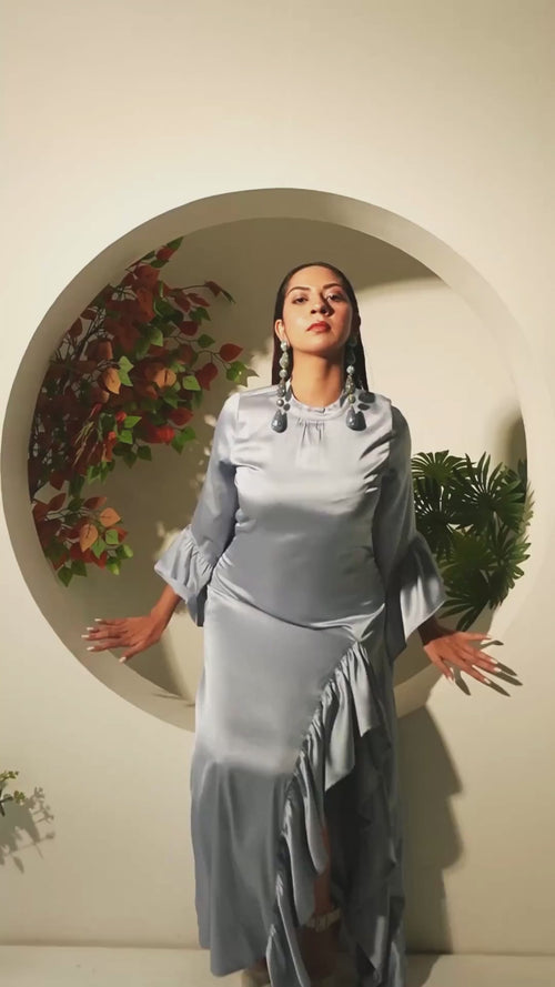 Azure Muse - Stretch Satin Ruffle Gown model video