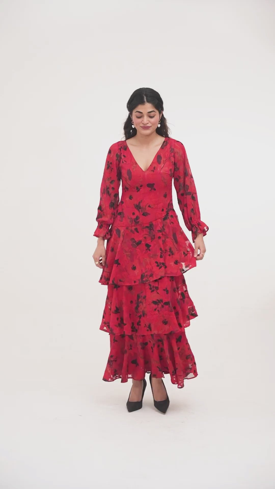 Señorita Red Layered Maxi Dress – Cascading Floral Jacquard Dress