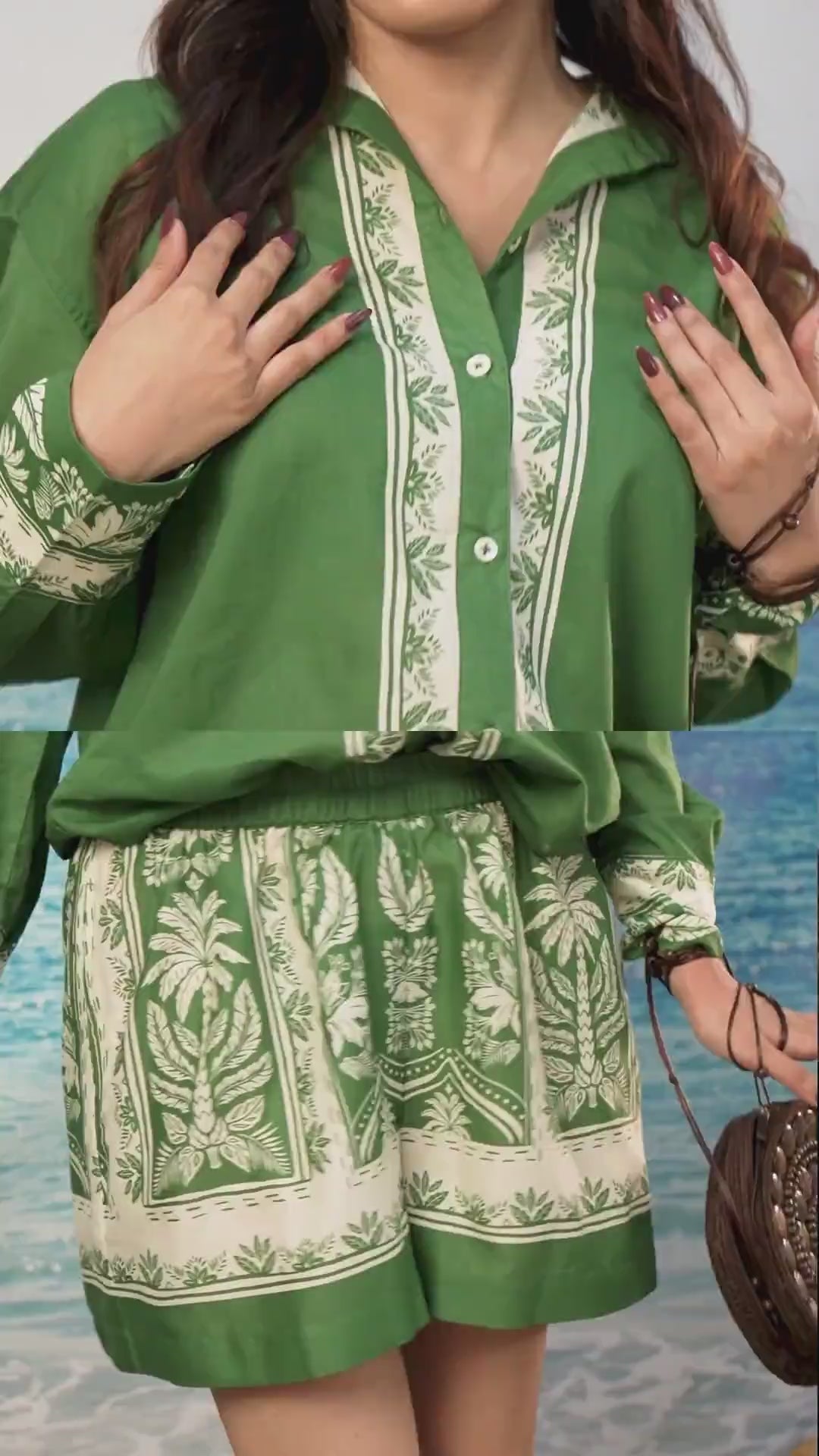 Video showcasing Yoshita Green Cotton Co-ord Set  Oversized Shirt & Shorts from Khamna