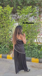 Poo Black Satin One-Shoulder Shell-Detail Co-ord Set