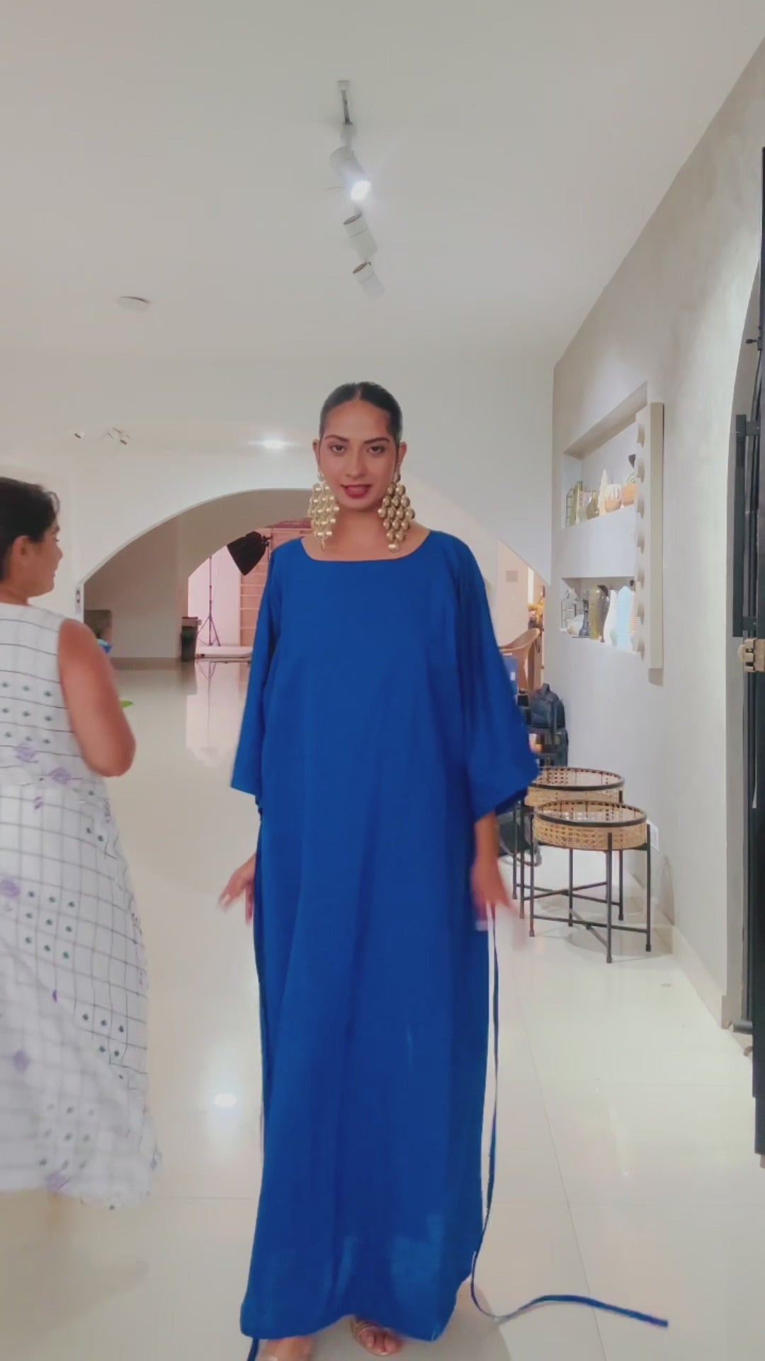 Process of wearing Ocean Mirage Kaftan Dress – Cotton Linen Tieable Drape Your perfect holiday dress