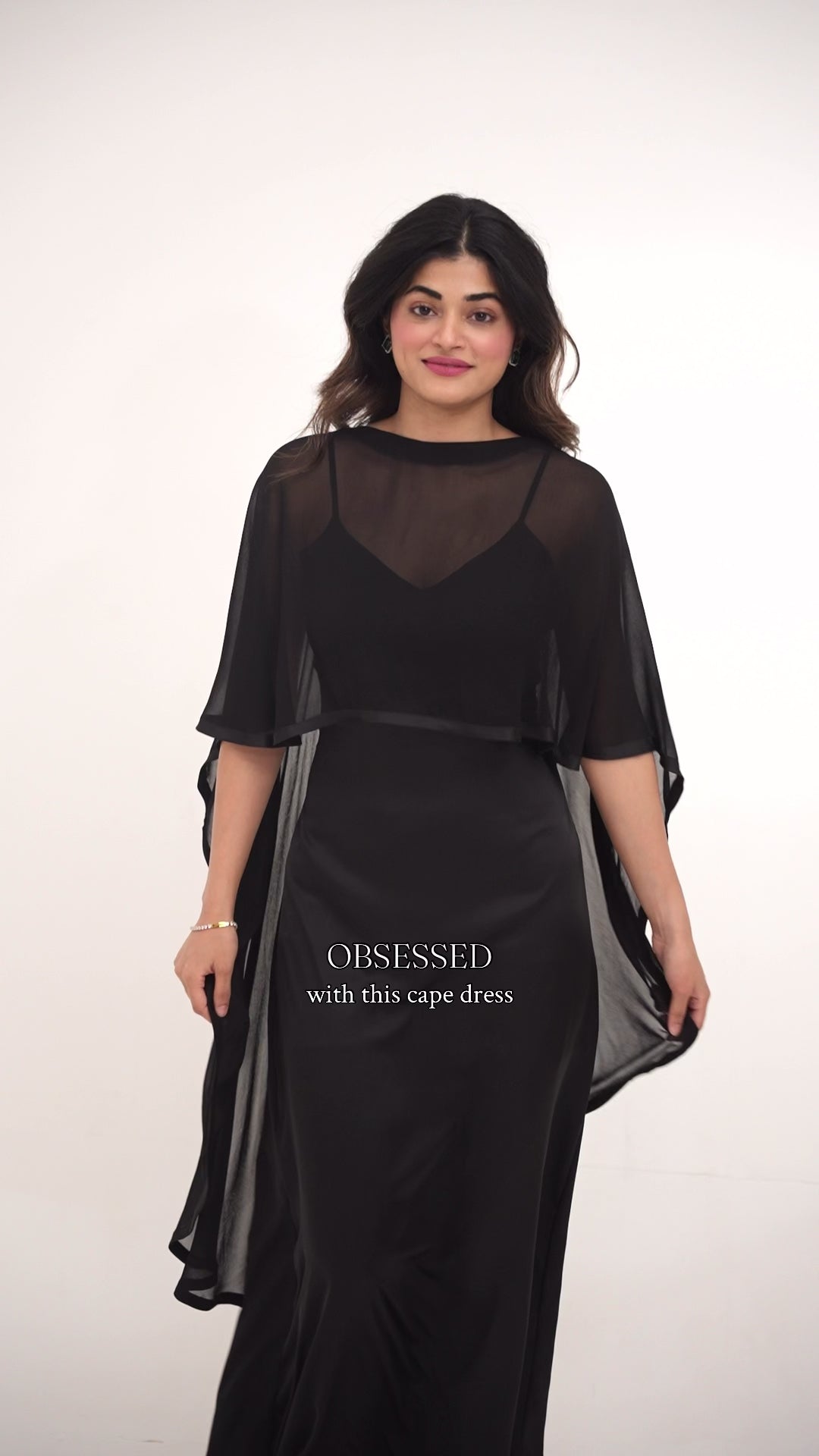 Nisha Black Satin Cape Dress