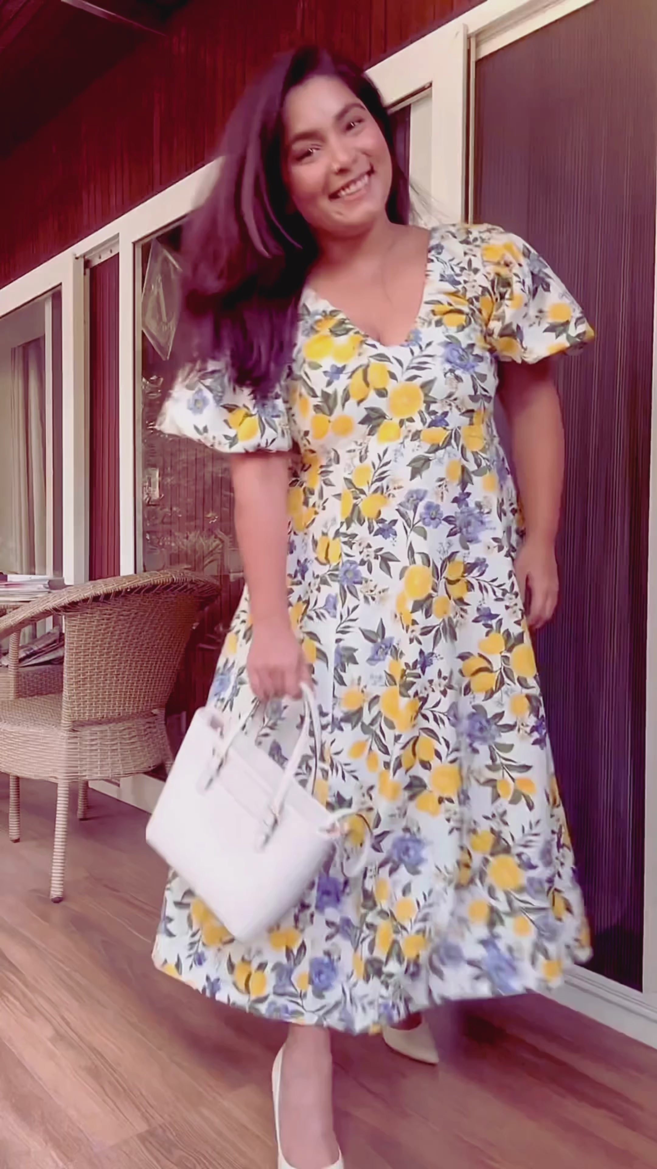 Citrus Bloom Puff Sleeve Dress – Printed Cotton Flax