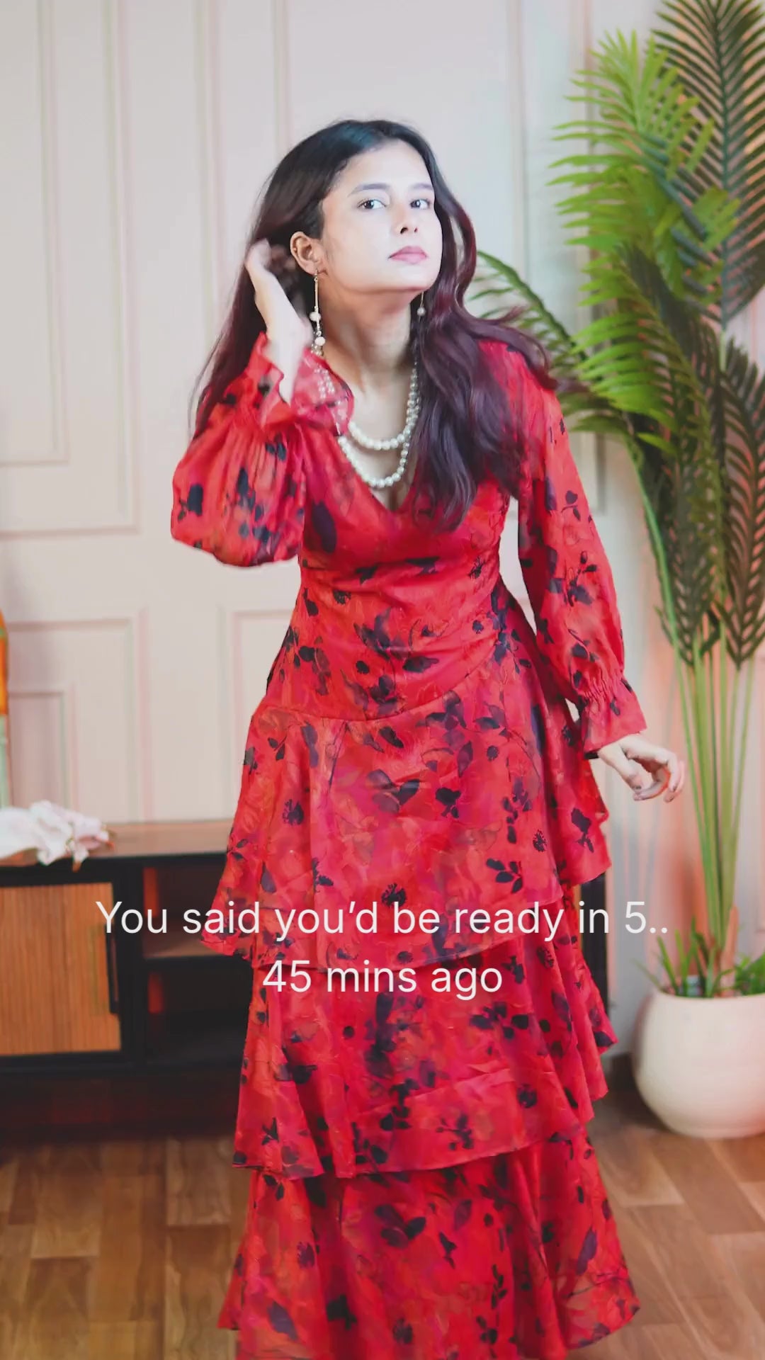 Señorita Red Layered Maxi Dress – Cascading Floral Jacquard Dress