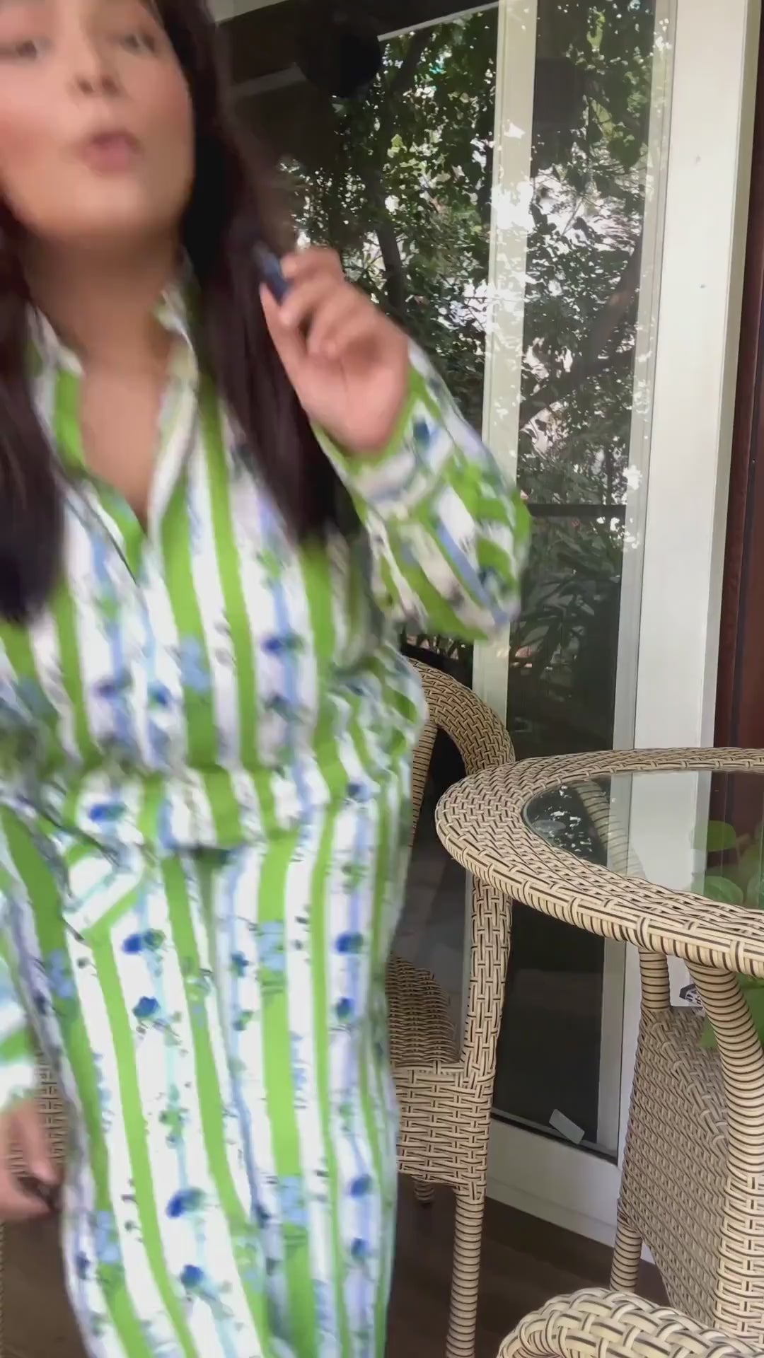 Verdant Bloom Co-ord Set – Oversized Shirt & Straight-Leg Pants in Signature Green Floral Stripe