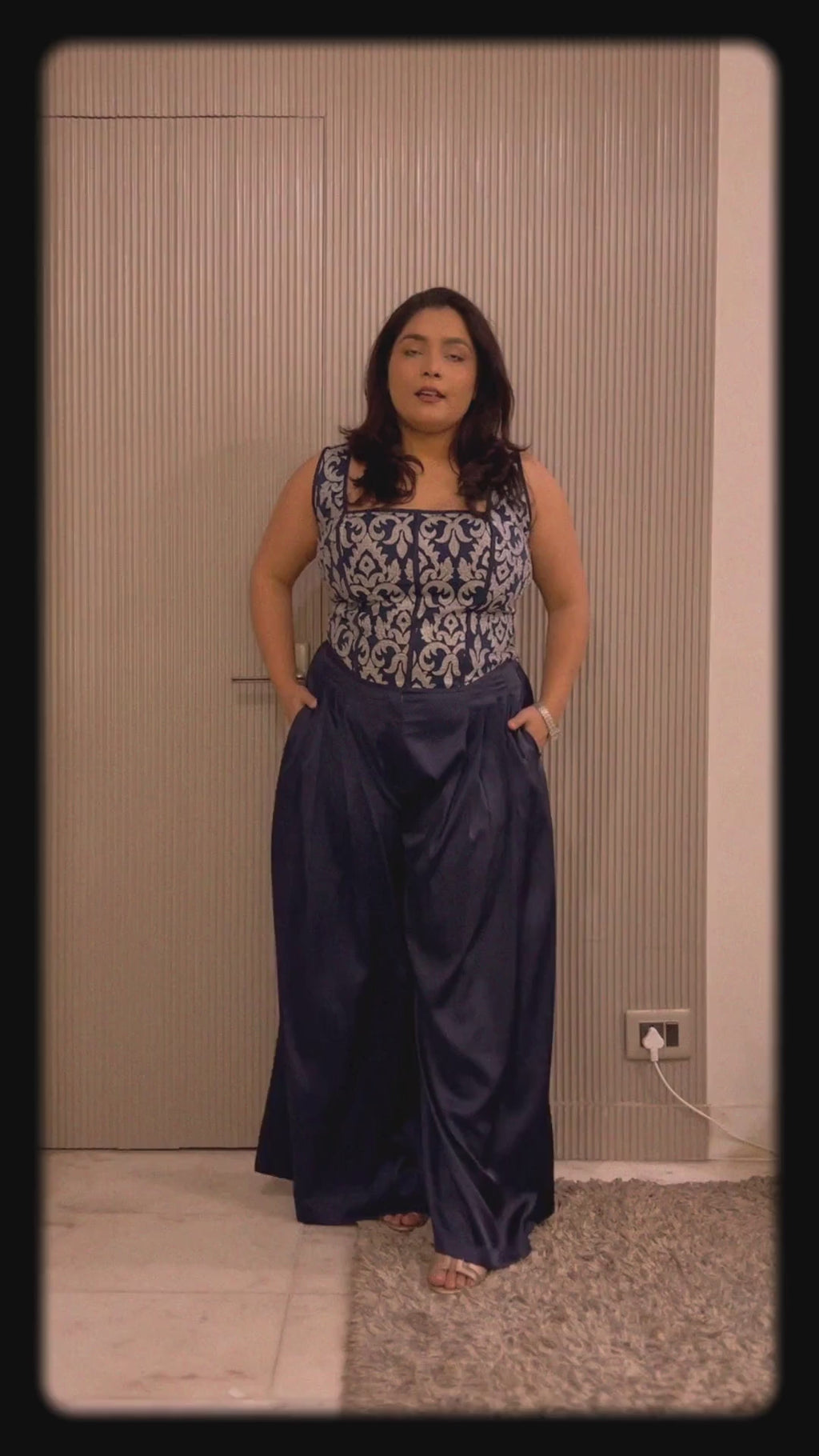 Veronica Pleated Armani Satin Pants – High-Shine Navy Wide-Leg Evening Trousers for Women