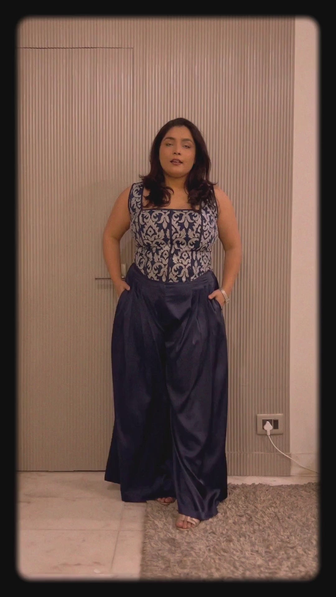 Veronica Navy Blue Lurex Embroidered Corset-Look Top –  Party Blouse for Women