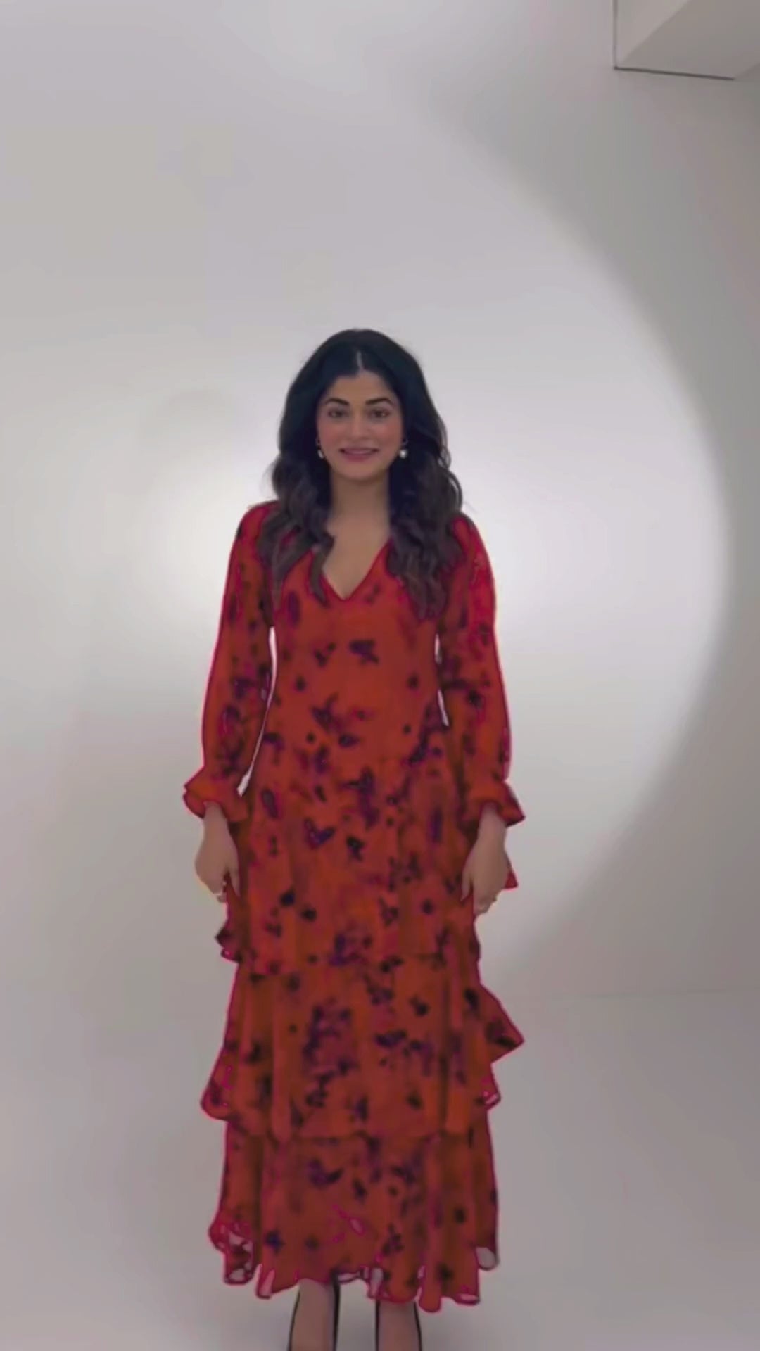 Señorita Red Layered Maxi Dress – Cascading Floral Jacquard Dress