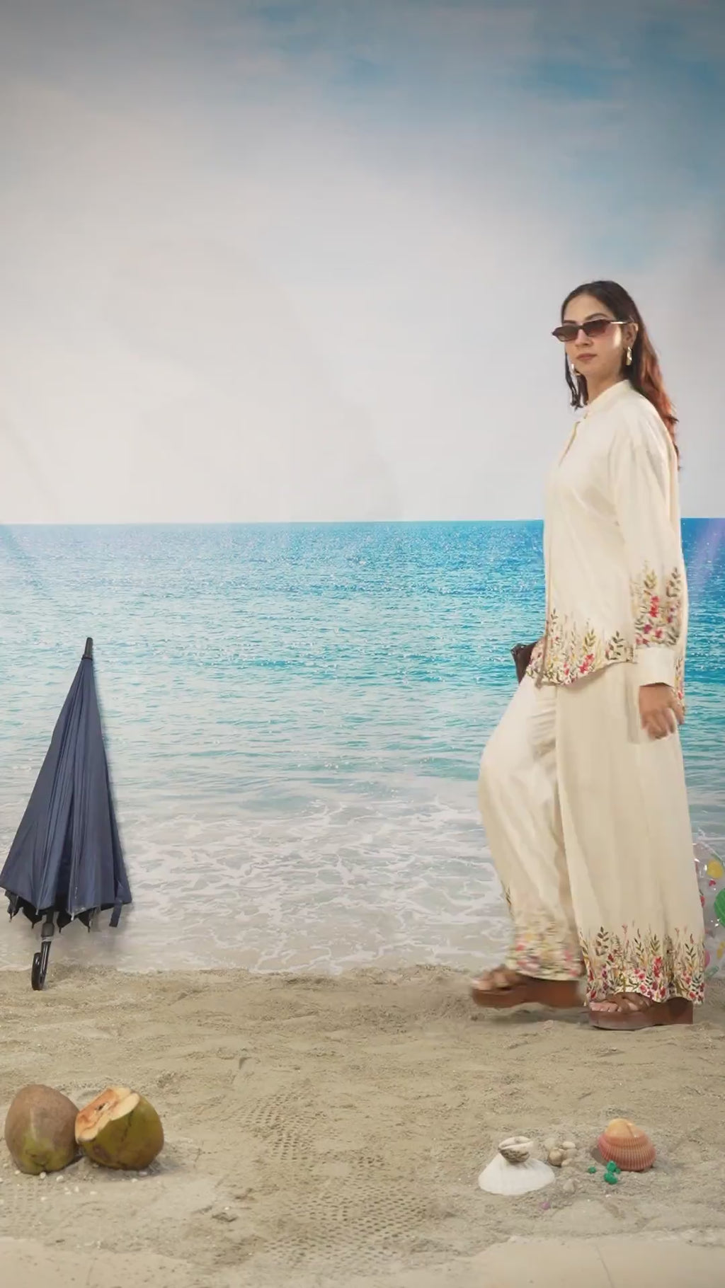 Seemeen co-ord set rayon rich co-ord set with floral border from Khamna in motion with beach background