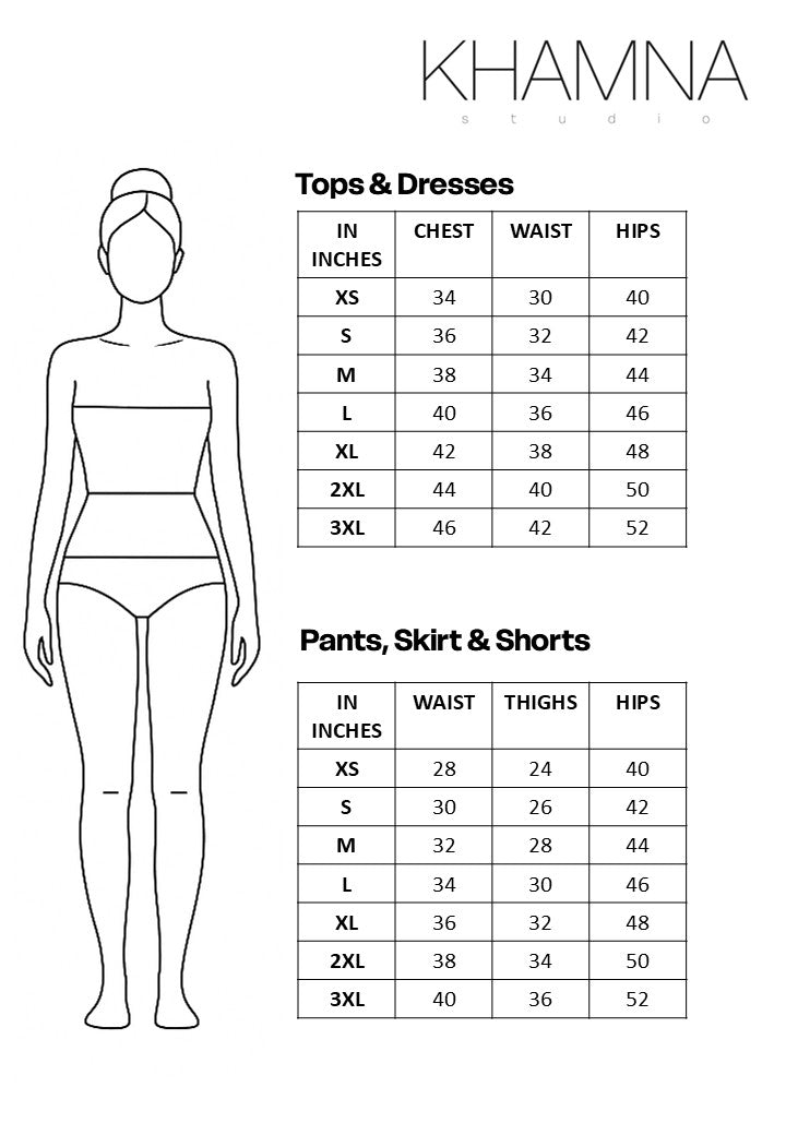Measurement chart for tops, dresses, pants, skirts, and shorts with a body outline and size dimensions of brand Khamna