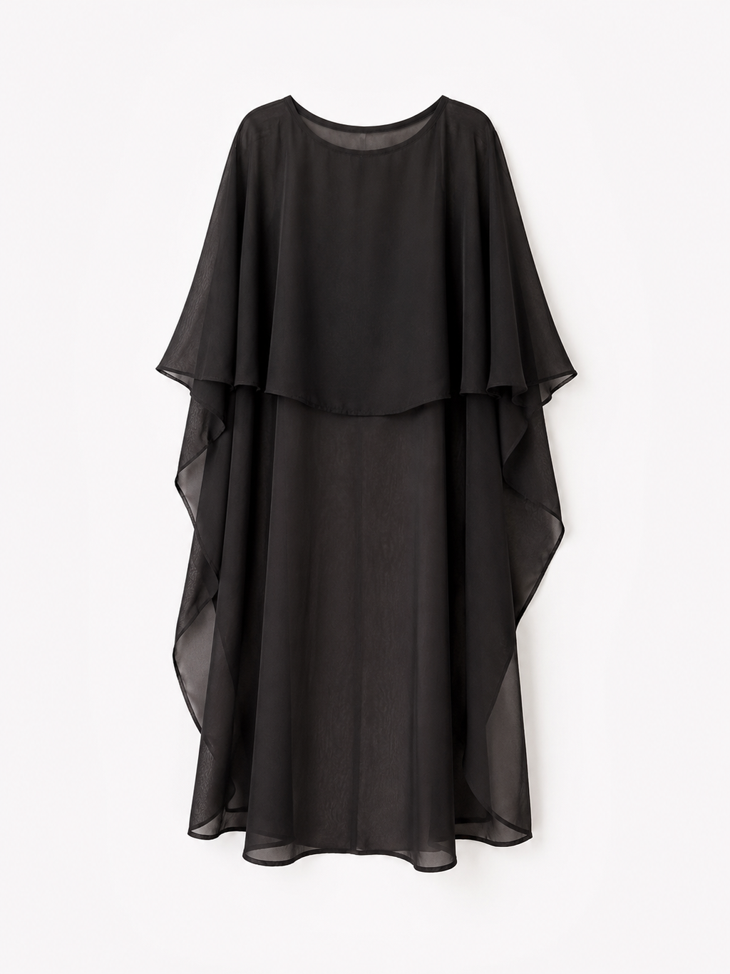 A black sheer chiffon dress with a layered, draped design and wide draped sleeves, shown against a plain white background.