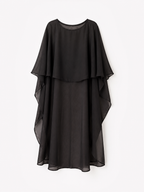 A black sheer chiffon dress with a layered, draped design and wide draped sleeves, shown against a plain white background.