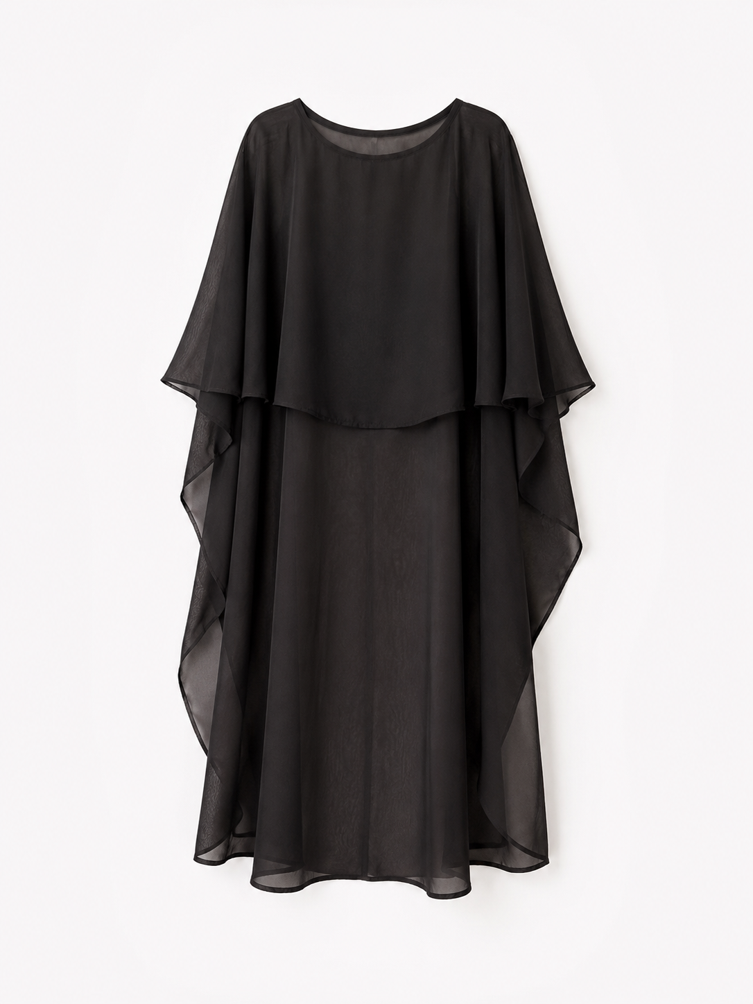 A black sheer chiffon dress with a layered, draped design and wide draped sleeves, shown against a plain white background.